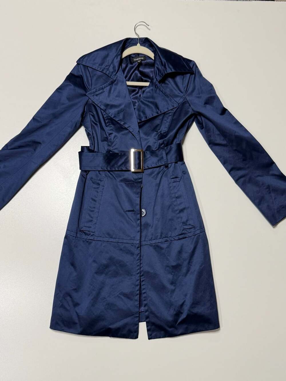 Old Money Y2K Glam bebe Women Blue Satin Belted Trench Coat Size S